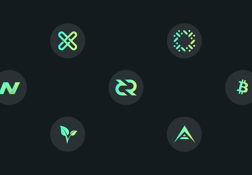 Various stylized technology and cryptocurrency logos arranged in a grid on a dark background.