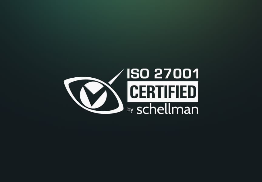 ISO 27001 certified logo featuring an eye symbol and checkmark, with the text "Certified by Schellman" on a gradient background.