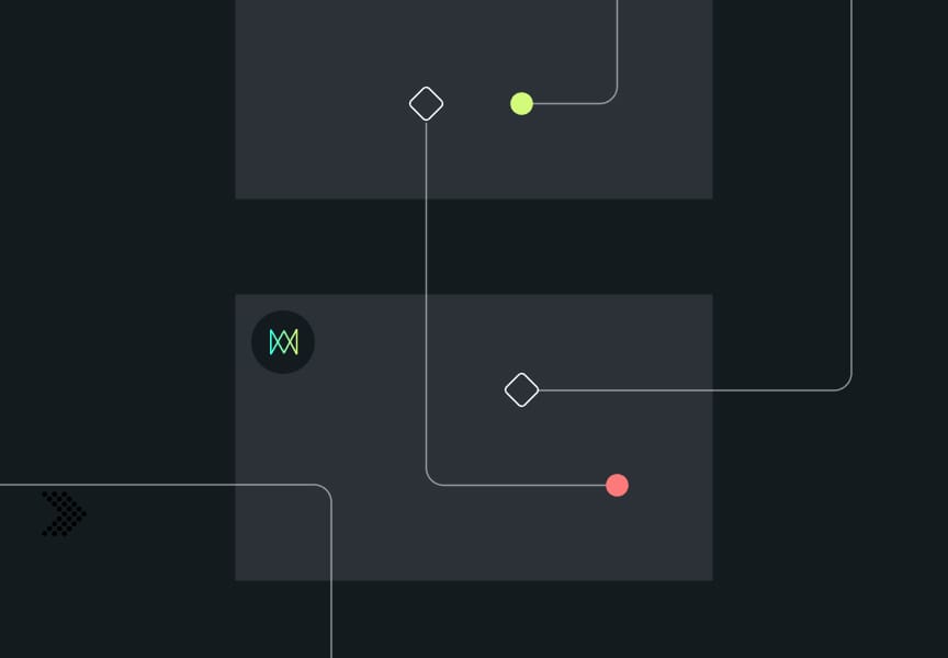 Abstract geometric design featuring shapes and lines on a dark background, with green, red, and white elements interconnecting.