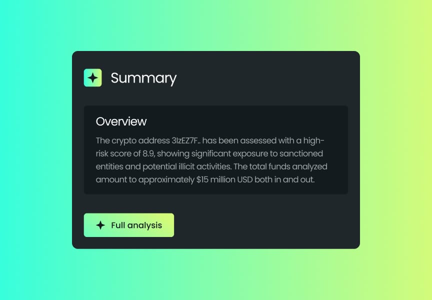 A digital summary card displaying a high-risk assessment for a crypto address, with details on risk score and financial activity.