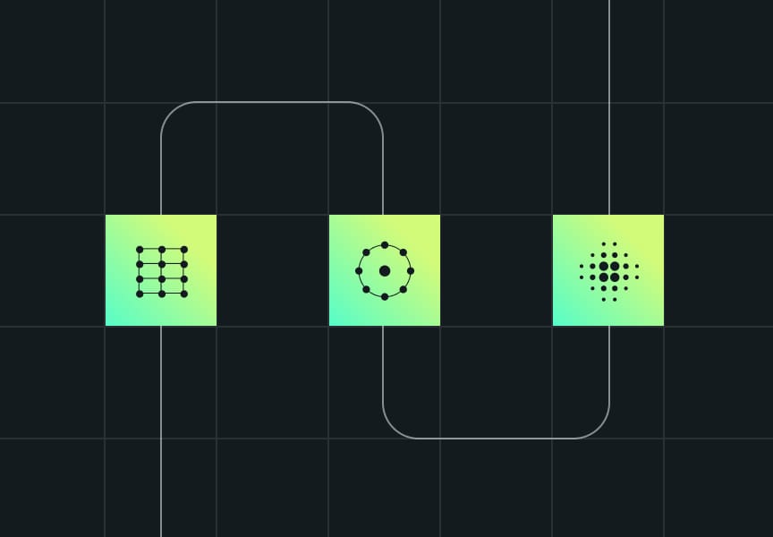 Three geometric icons are displayed on a grid: a square grid, a circular pattern, and a dot pattern, all with a gradient background.