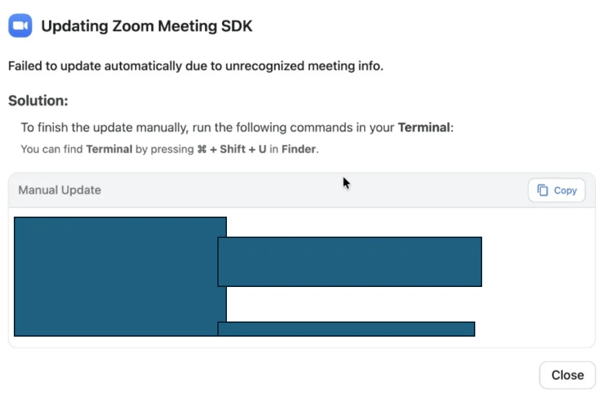 Updating Zoom Meeting SDK interface showing a manual update solution with commands for Terminal.