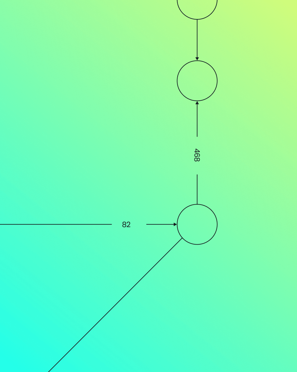 Abstract diagram with circular nodes and connecting lines, featuring numbers 82 and 897, set against a gradient background.