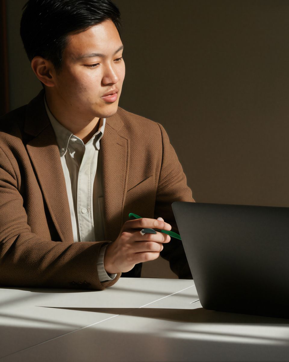 Person engaged in a discussion while working on a laptop, seated at a table in a well-lit environment.