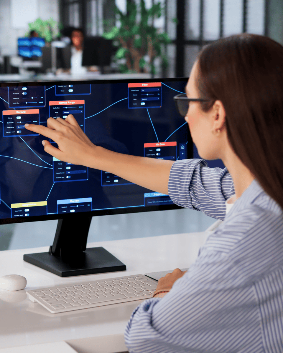 A person interacting with a computer screen displaying a network analysis or data visualization interface in an office environment.