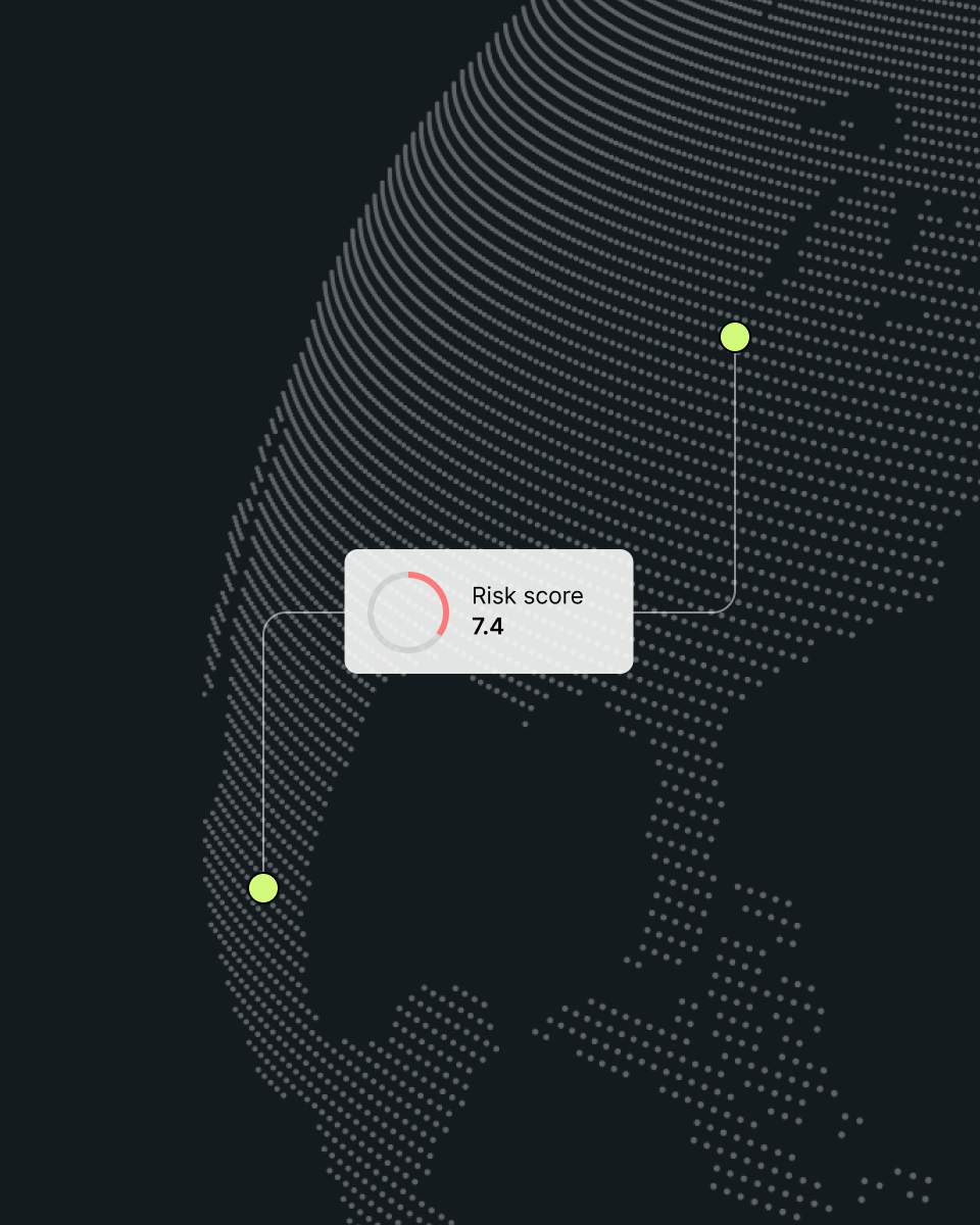 Map-like graphic showing a risk score of 7.4, indicated by a central label and connected points in yellow on a dark, textured background.
