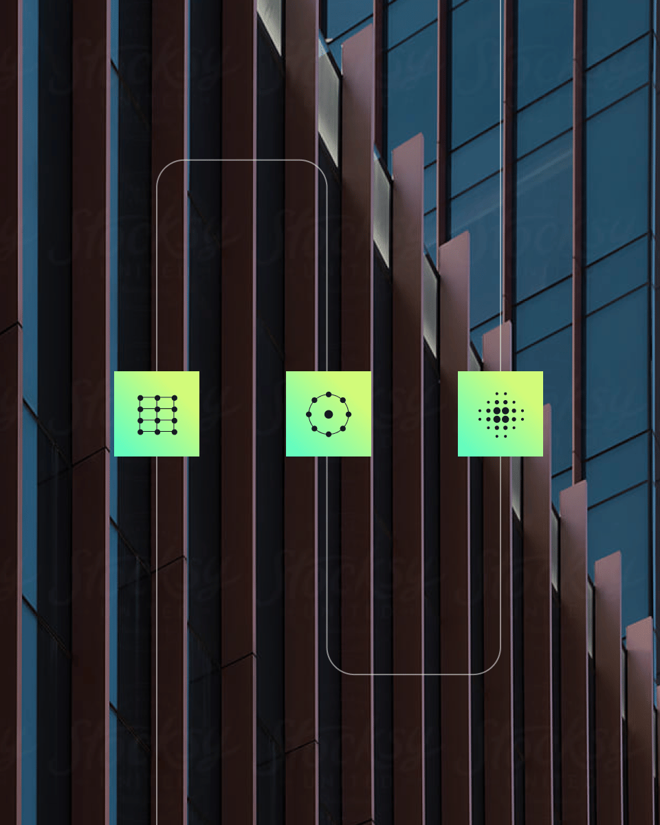 Geometric icons connected by lines, overlaid on a modern building facade with vertical fins and reflective glass.