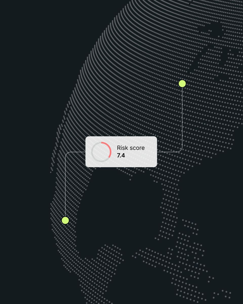 A visual representation of a risk score measurement, showing a score of 7.4 with connected data points on a world map background.