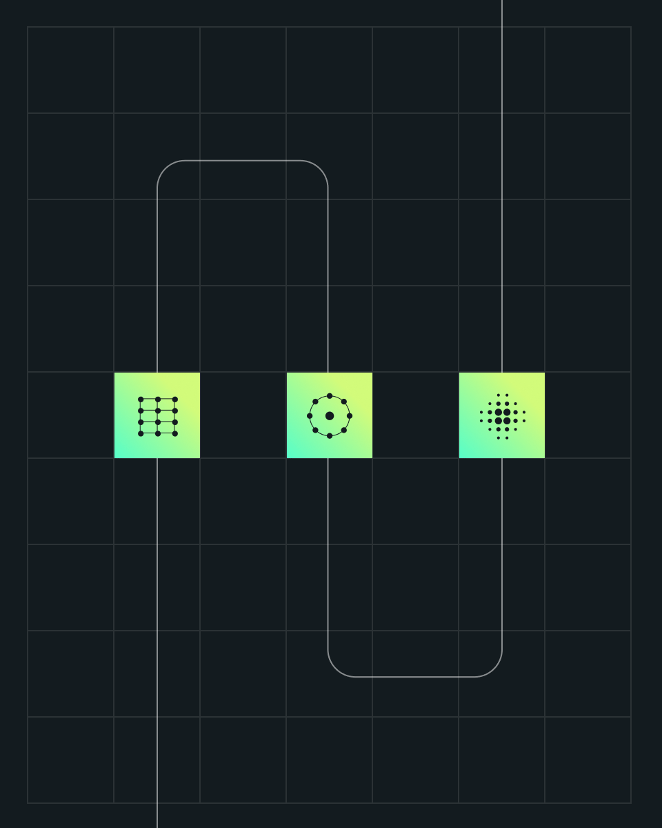 Three geometric icons displayed on a grid background, featuring a grid, a circular pattern, and a dotted design, all in green and black.