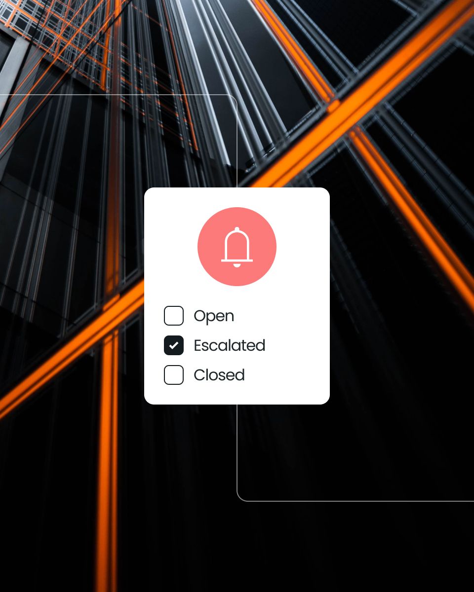 An abstract image of geometric lines in orange and black with a notification panel showing status options: Open, Escalated (checked), and Closed.
