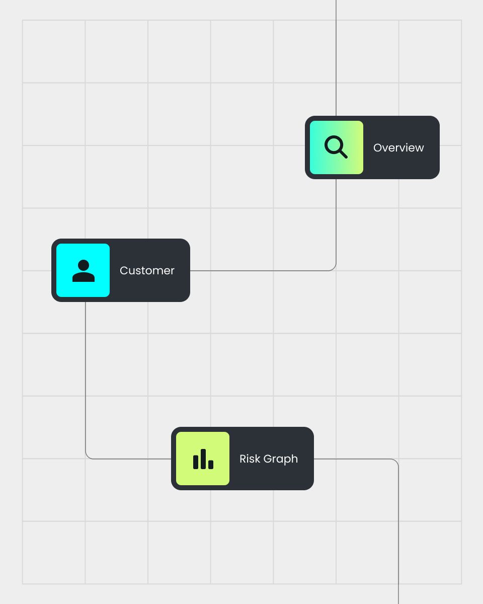 Flowchart showcasing connections between "Customer," "Overview," and "Risk Graph" with color-coded elements on a grid background.
