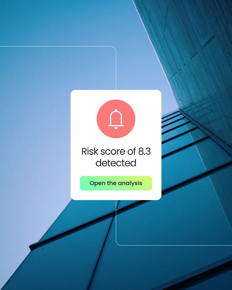 Risk score of 8.3 detected with a notification icon, set against a background of a blue building facade. Button prompts to open the analysis.