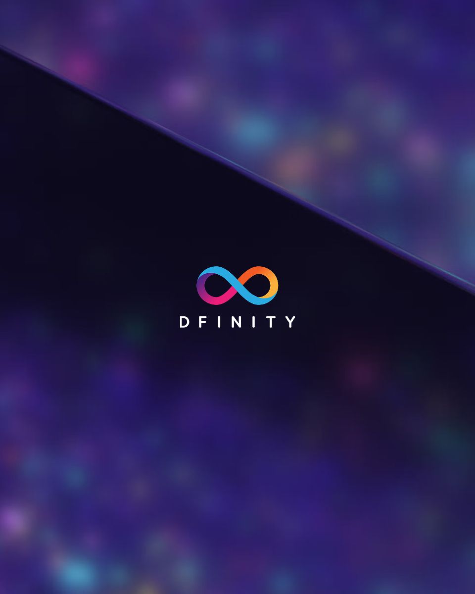 Dfinity logo on a gradient background with soft, blurred colors in shades of purple and blue.