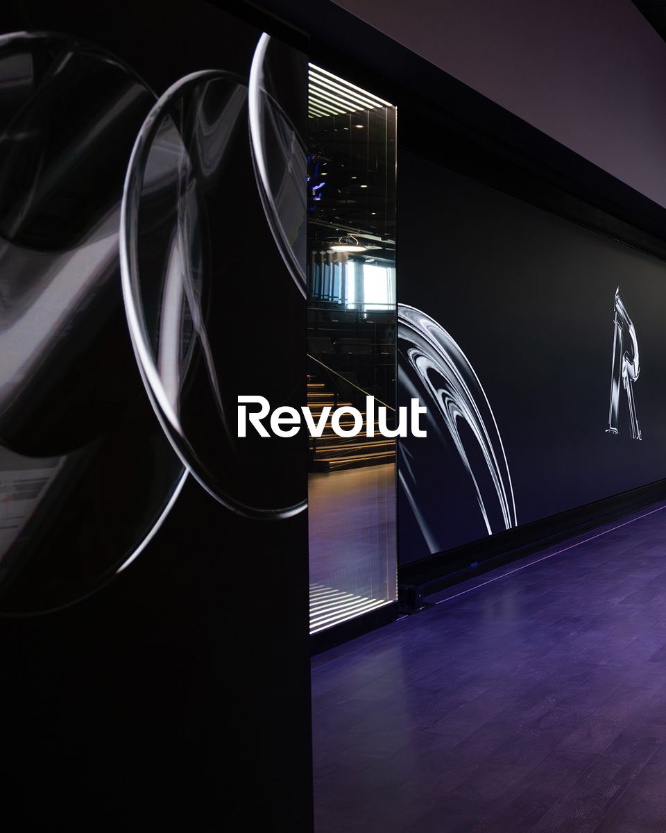 Revolut logo displayed in a modern setting with a sleek design and dark background elements.