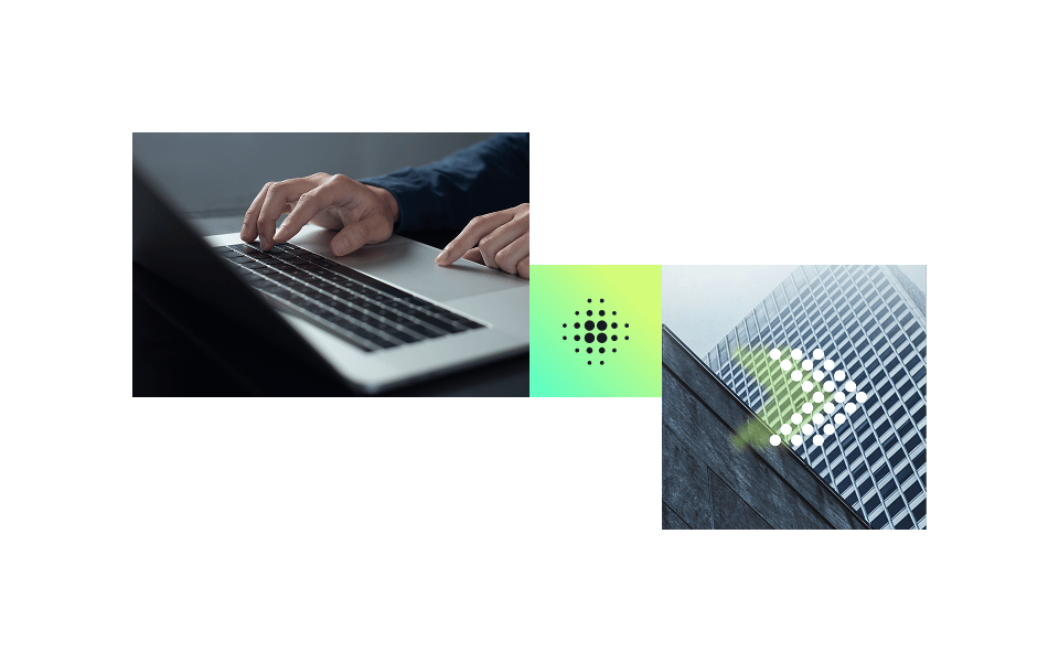 Hands typing on a laptop with a graphic design element featuring a modern building, combining technology and architecture.