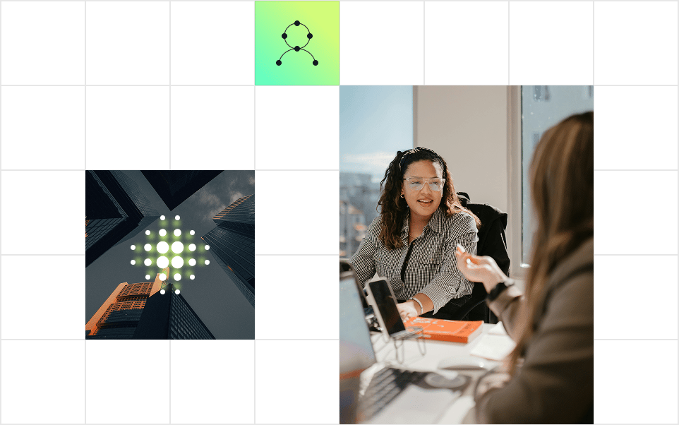 A collage featuring a tech-inspired design, a view of skyscrapers, and a discussion between two individuals in an office setting.