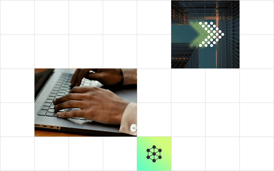 Hands typing on a laptop keyboard alongside abstract graphics of arrows and geometric shapes on a grid background.