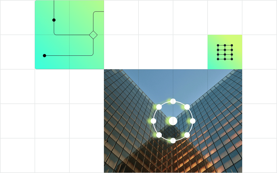 Abstract geometric shapes and a modern building with reflective surfaces, set against a grid background, showcasing a blend of technology and architecture.
